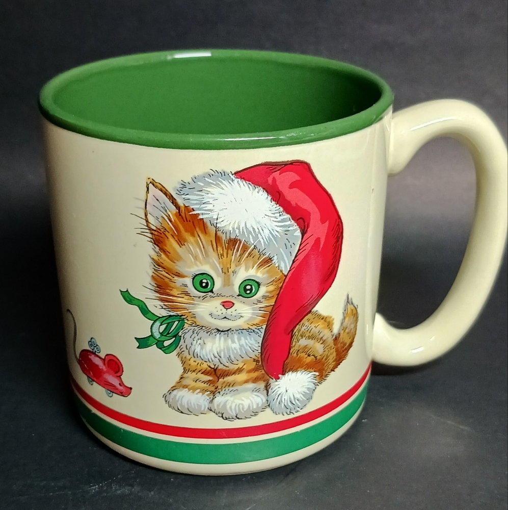 Vintage Potpourri Press Coffee Mug Christmas Kitten Cat In Santa Hat 1989